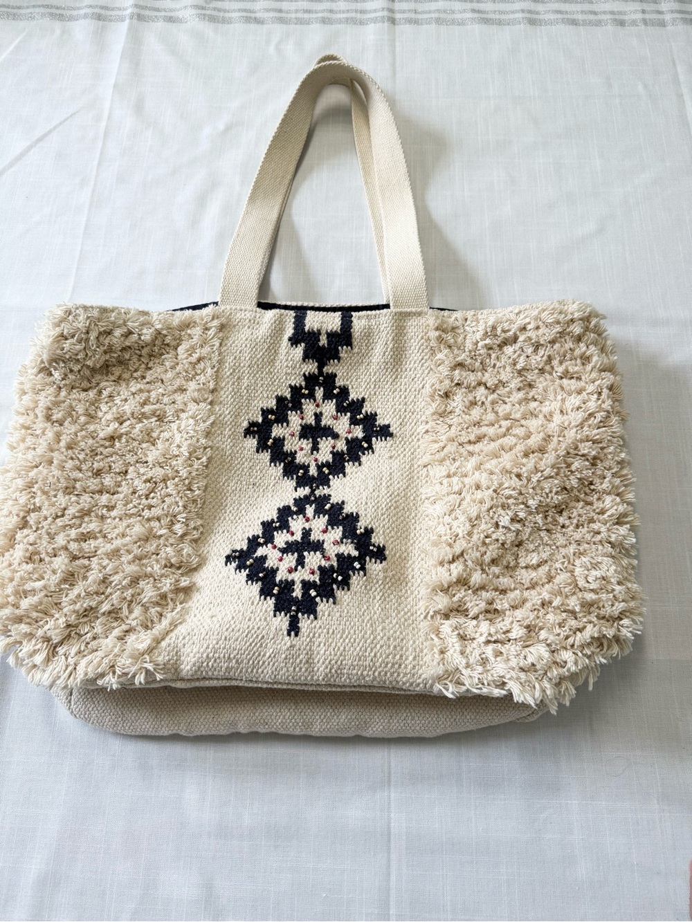 Nalini Beige Cream Woven Tote Bag Geometric Black Details Bohemian Travel Work